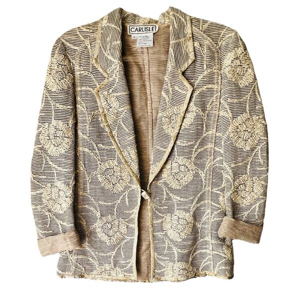 VTG Carlisle Linen Silk Blazer Jacket Boho Corpcore Floral Embroidered Sz 8 - Picture 1 of 12